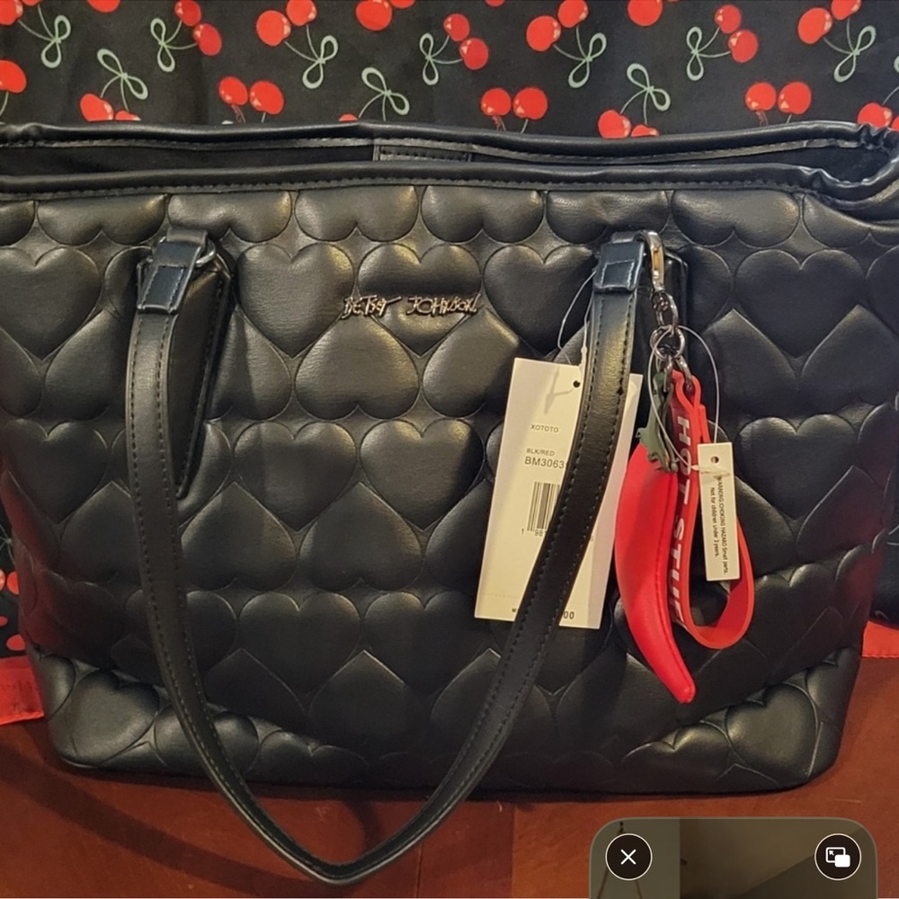 Betsey Johnson Black Heart Quilted Tote, Hot Pepper Charm, and Cherry Scarf